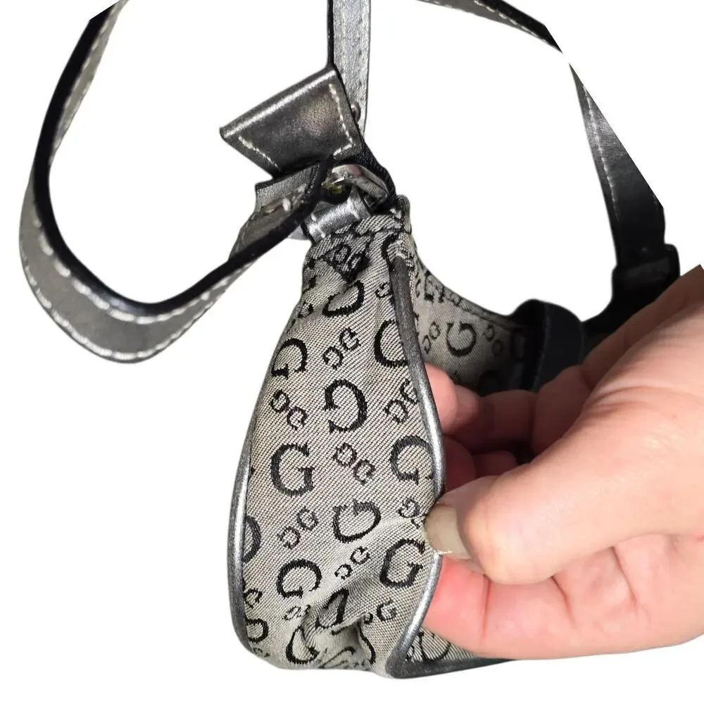 Y2K GUESS Mini Shoulder Bag Grey Monogram Buckle Detail Vintage 2000s McBling